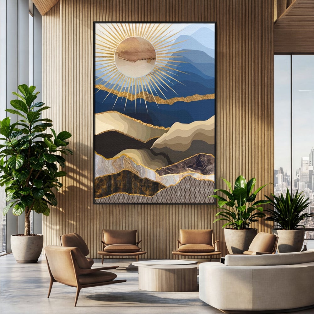 Tablou Canvas Premium LuxCanva® A1318, Abstract Mountain ,  Living, Munte, Soare, Auriu, Dormtior, Culori Vibrante