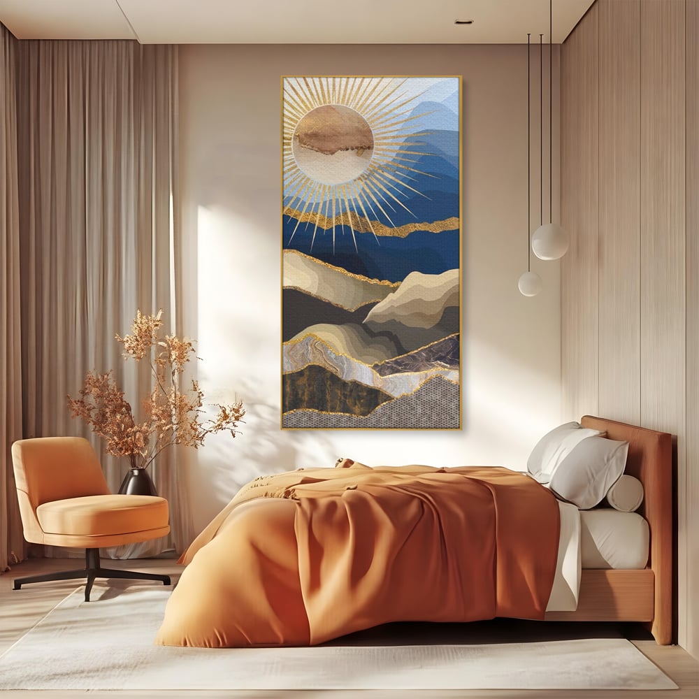 Tablou Canvas Premium LuxCanva® A1318, Abstract Mountain ,  Living, Munte, Soare, Auriu, Dormtior, Culori Vibrante
