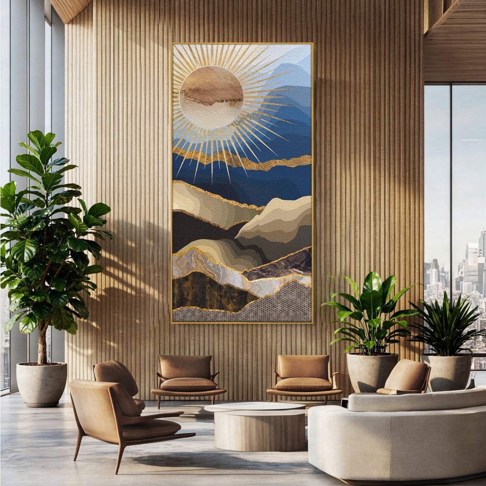 Tablou Canvas Premium LuxCanva® A1318, Abstract Mountain ,  Living, Munte, Soare, Auriu, Dormtior, Culori Vibrante