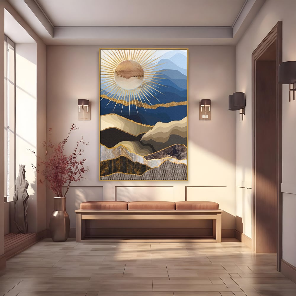 Tablou Canvas Premium LuxCanva® A1318, Abstract Mountain ,  Living, Munte, Soare, Auriu, Dormtior, Culori Vibrante