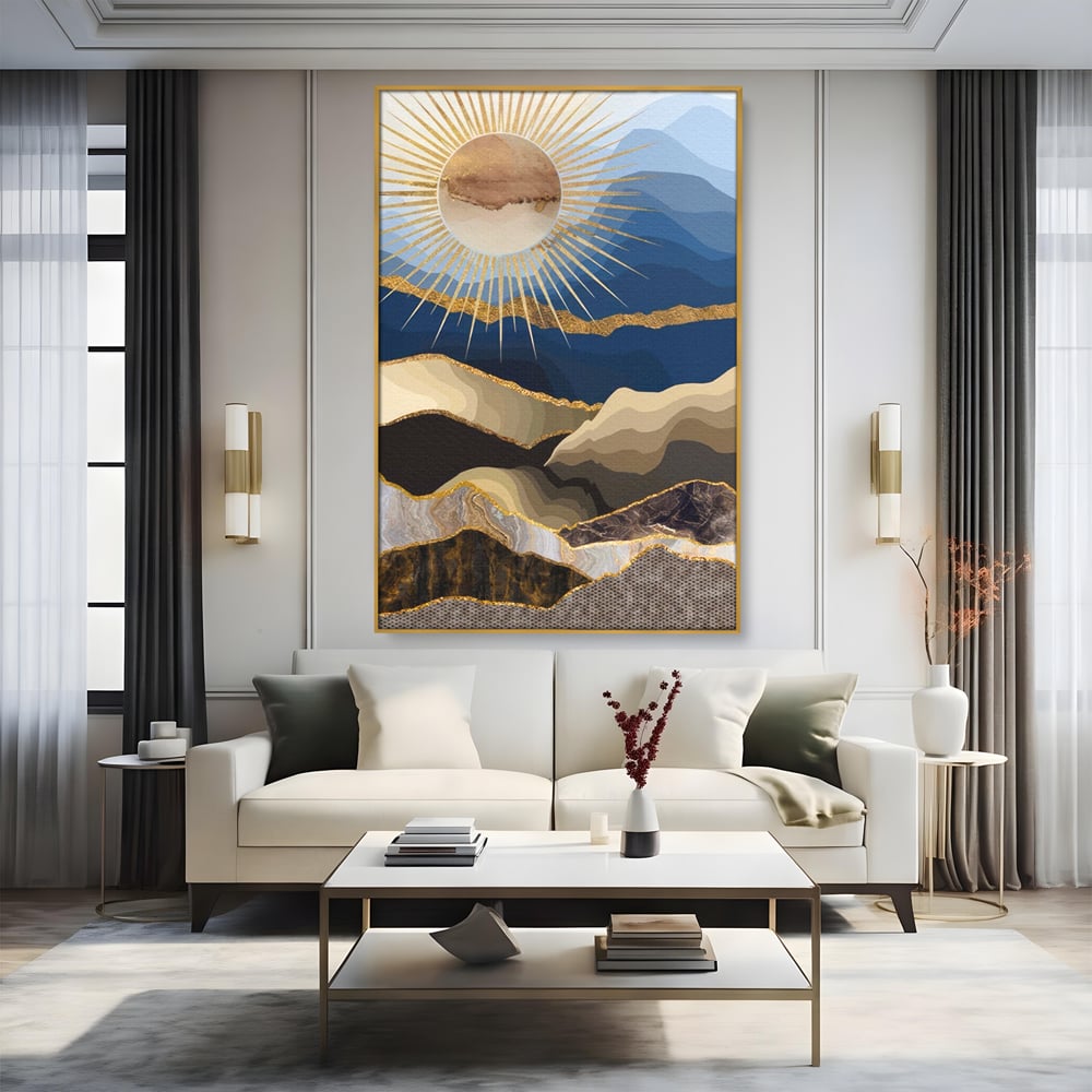 Tablou Canvas Premium LuxCanva® A1318, Abstract Mountain ,  Living, Munte, Soare, Auriu, Dormtior, Culori Vibrante