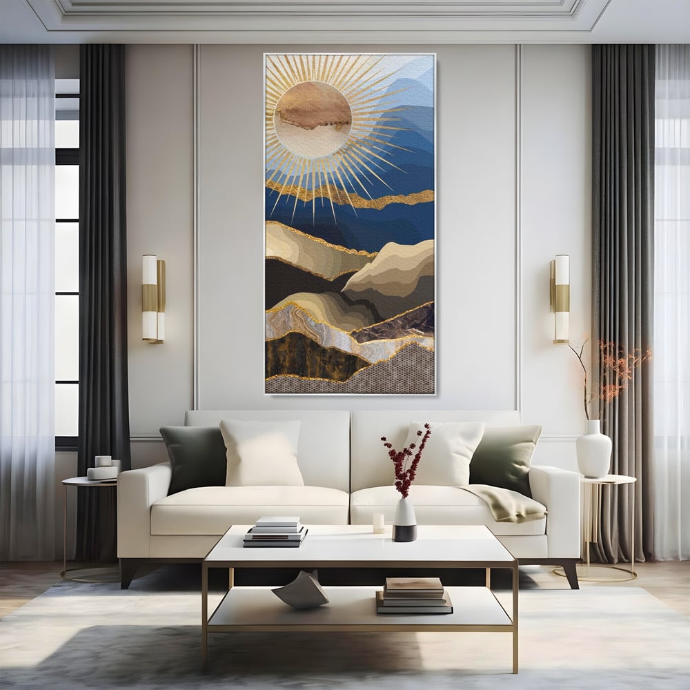 Tablou Canvas Premium LuxCanva® A1318, Abstract Mountain ,  Living, Munte, Soare, Auriu, Dormtior, Culori Vibrante