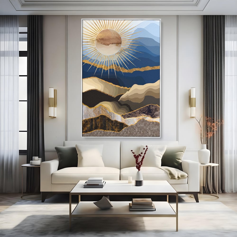 Tablou Canvas Premium LuxCanva® A1318, Abstract Mountain ,  Living, Munte, Soare, Auriu, Dormtior, Culori Vibrante