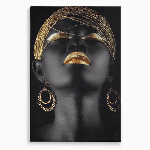 Tablou Canvas Premium LuxCanva® A1319, Black Woman , Living, Femeie, Auriu, Africa, Dormtior, Culori Vibrante