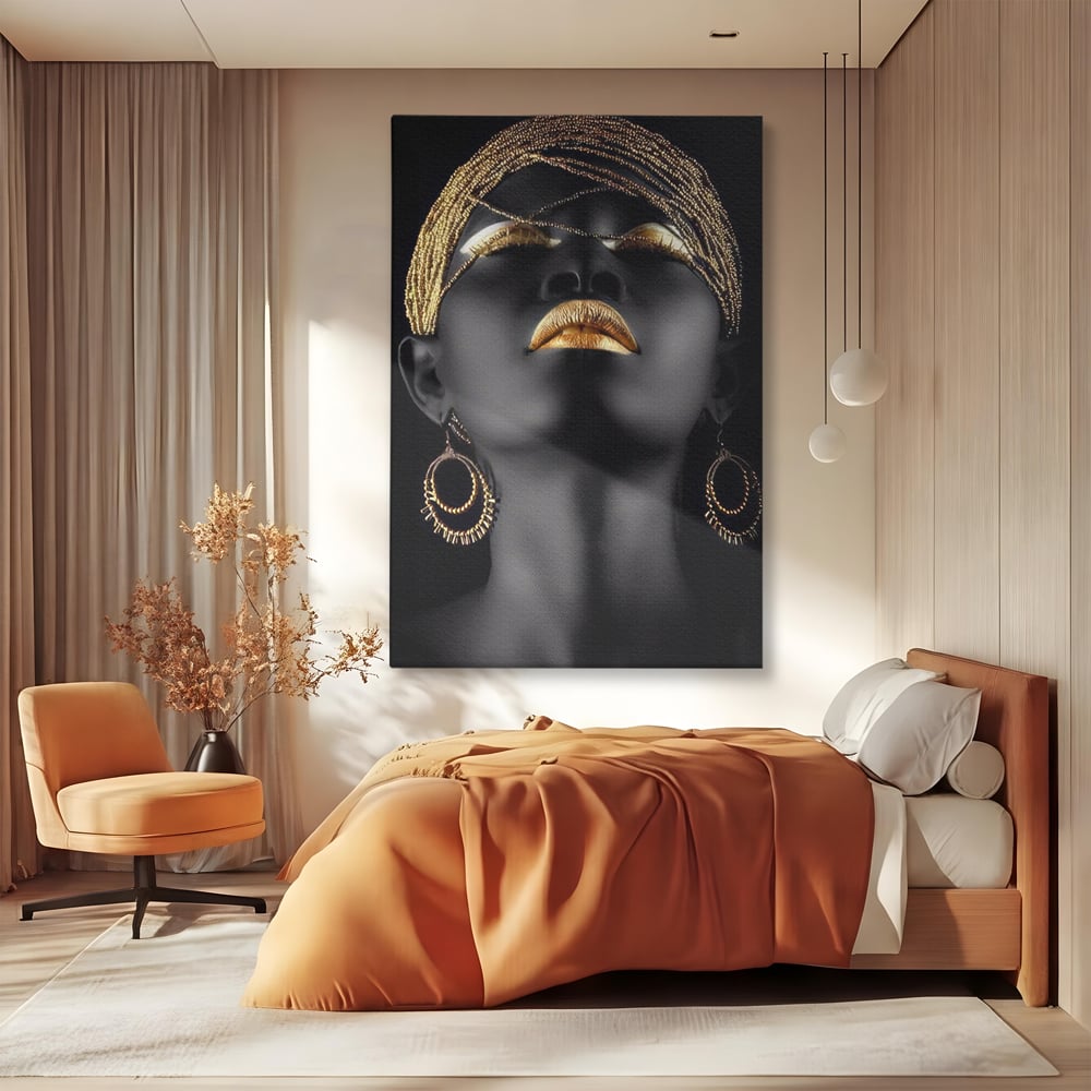 Leinwandbilder Premium LuxCanva® A1319, Schwarze Frau, Wohnen, Frau, Golden, Afrika, Afrika, Schlafzimmer, Lebendige Farben