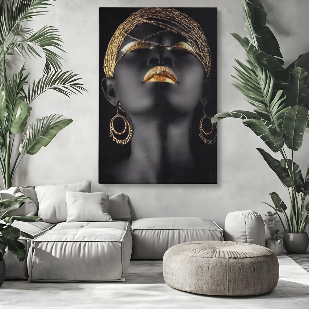 Leinwandbilder Premium LuxCanva® A1319, Schwarze Frau, Wohnen, Frau, Golden, Afrika, Afrika, Schlafzimmer, Lebendige Farben