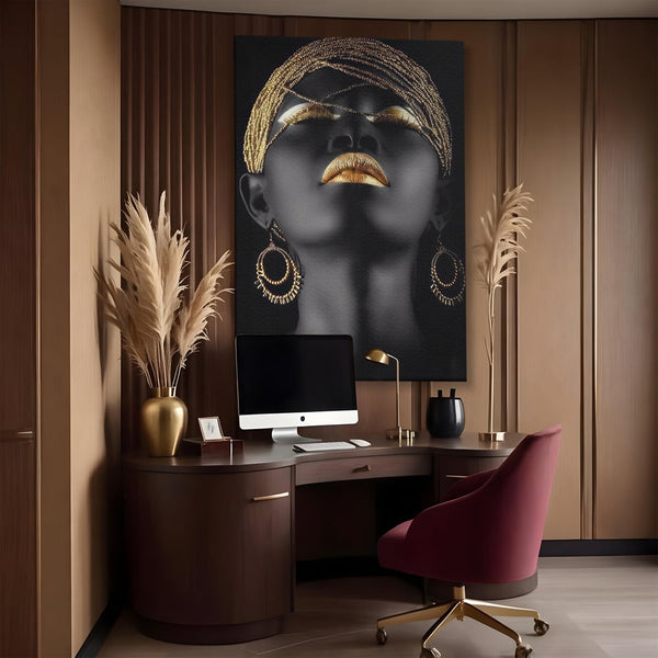 Tablou Canvas Premium LuxCanva® A1319, Black Woman , Living, Femeie, Auriu, Africa, Dormtior, Culori Vibrante