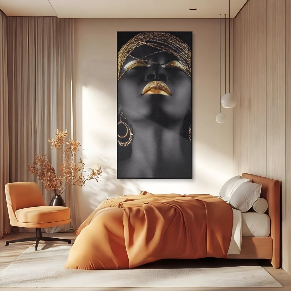 Leinwandbilder Premium LuxCanva® A1319, Schwarze Frau, Wohnen, Frau, Golden, Afrika, Afrika, Schlafzimmer, Lebendige Farben