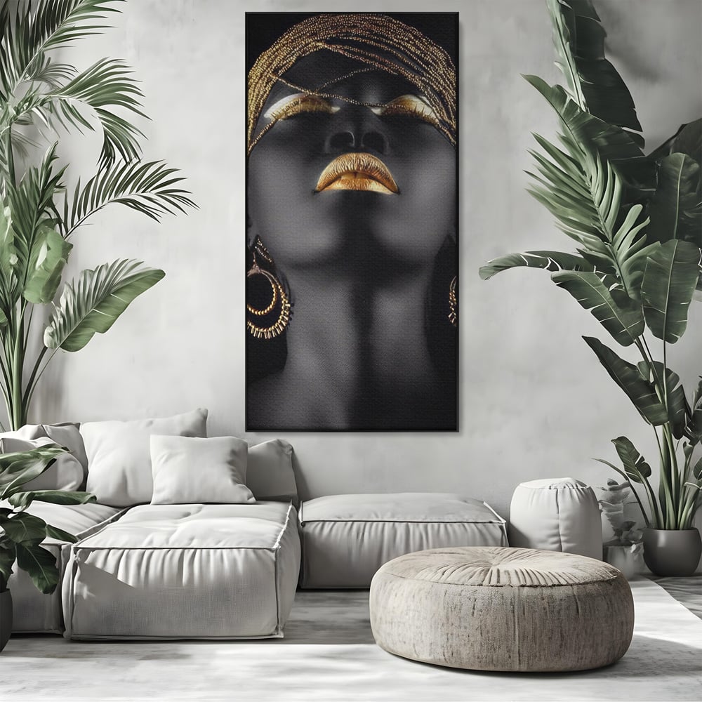 Leinwandbilder Premium LuxCanva® A1319, Schwarze Frau, Wohnen, Frau, Golden, Afrika, Afrika, Schlafzimmer, Lebendige Farben