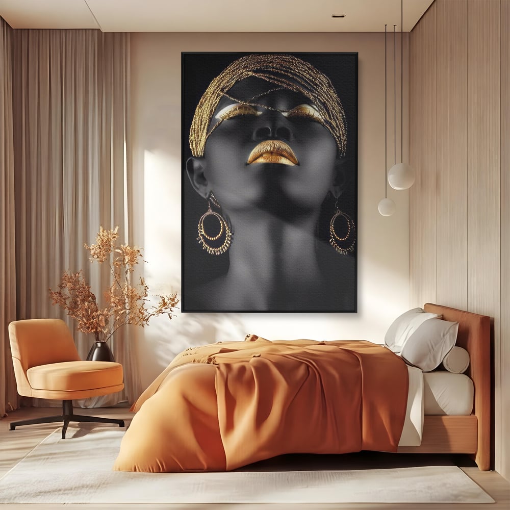 Leinwandbilder Premium LuxCanva® A1319, Schwarze Frau, Wohnen, Frau, Golden, Afrika, Afrika, Schlafzimmer, Lebendige Farben