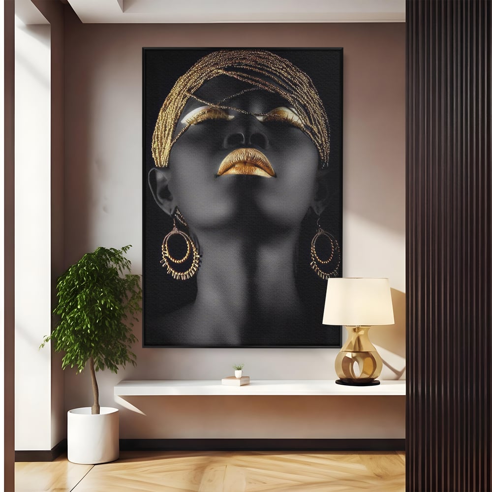 Leinwandbilder Premium LuxCanva® A1319, Schwarze Frau, Wohnen, Frau, Golden, Afrika, Afrika, Schlafzimmer, Lebendige Farben
