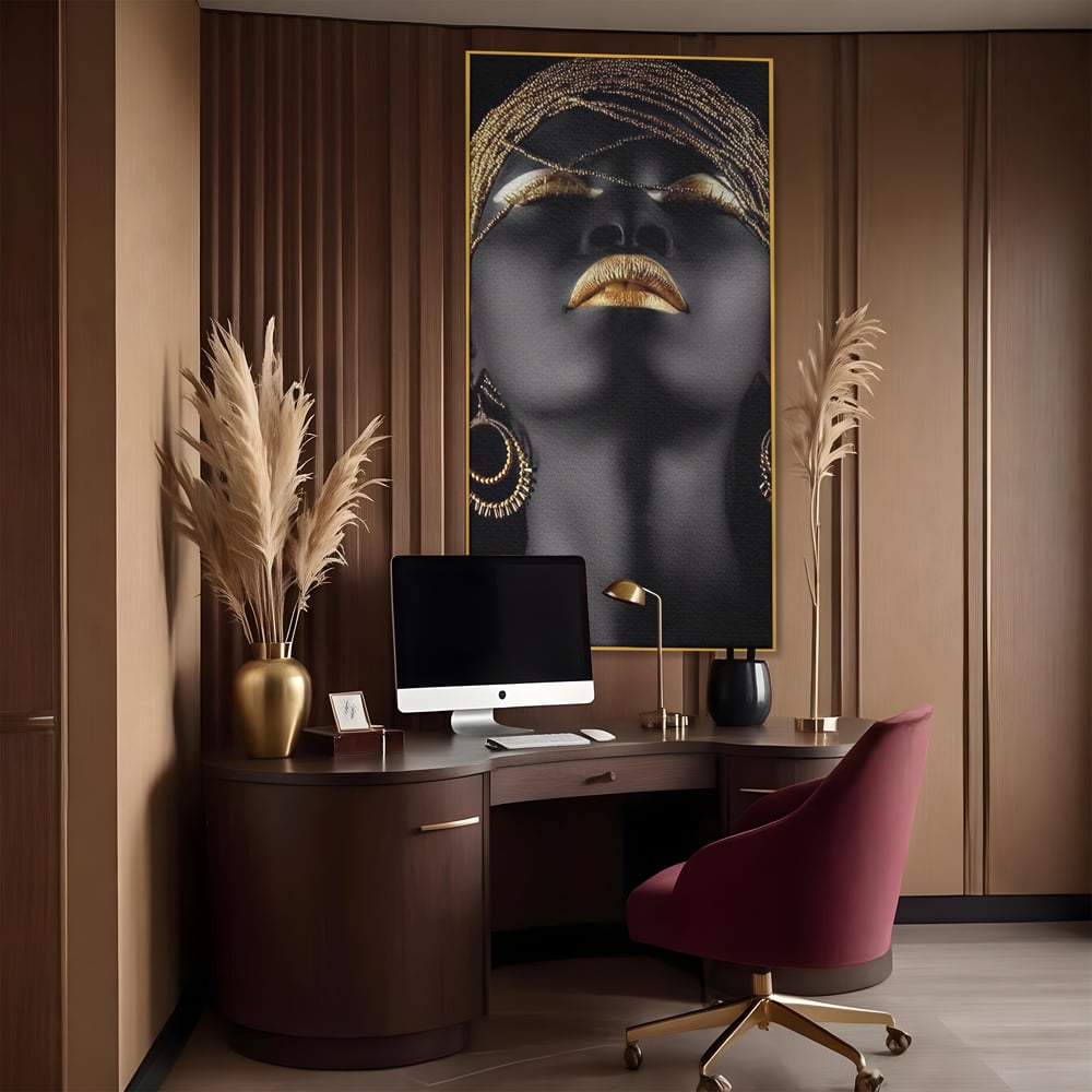 Leinwandbilder Premium LuxCanva® A1319, Schwarze Frau, Wohnen, Frau, Golden, Afrika, Afrika, Schlafzimmer, Lebendige Farben