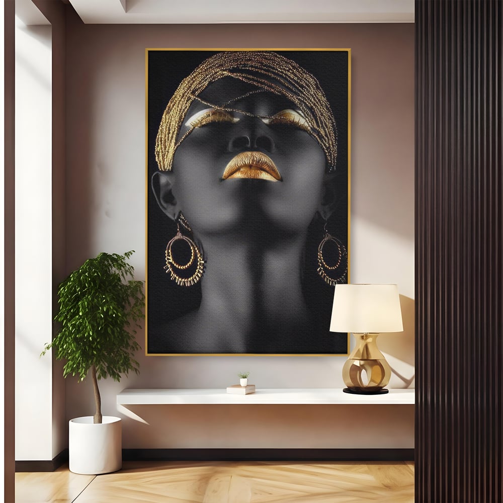 Leinwandbilder Premium LuxCanva® A1319, Schwarze Frau, Wohnen, Frau, Golden, Afrika, Afrika, Schlafzimmer, Lebendige Farben