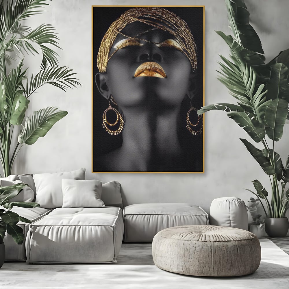 Leinwandbilder Premium LuxCanva® A1319, Schwarze Frau, Wohnen, Frau, Golden, Afrika, Afrika, Schlafzimmer, Lebendige Farben