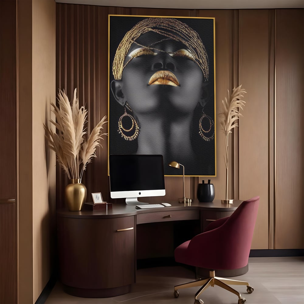 Leinwandbilder Premium LuxCanva® A1319, Schwarze Frau, Wohnen, Frau, Golden, Afrika, Afrika, Schlafzimmer, Lebendige Farben