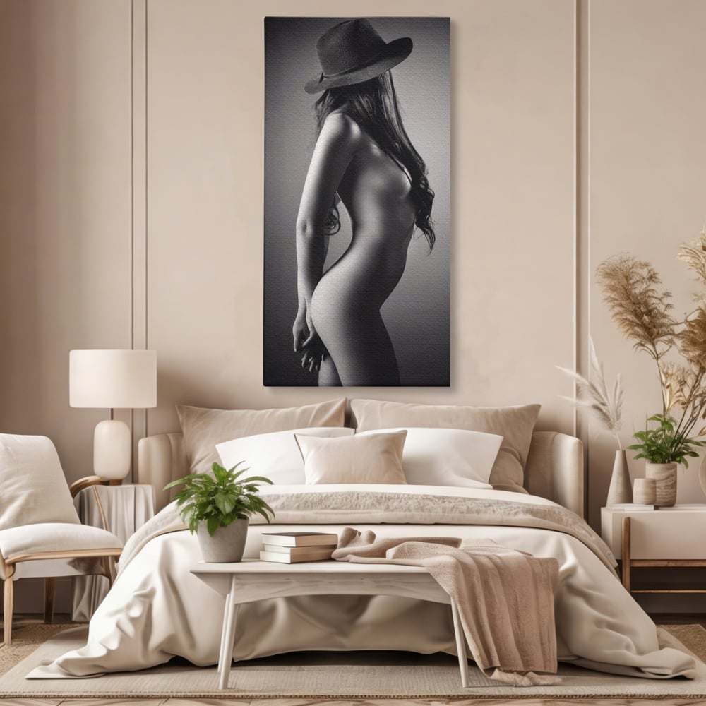 Tablou Canvas Premium LuxCanva® A1324, Sexy Girl , Living, Nude, Palarie, Senzual, Femeie, Dresing, Culori Vibrante