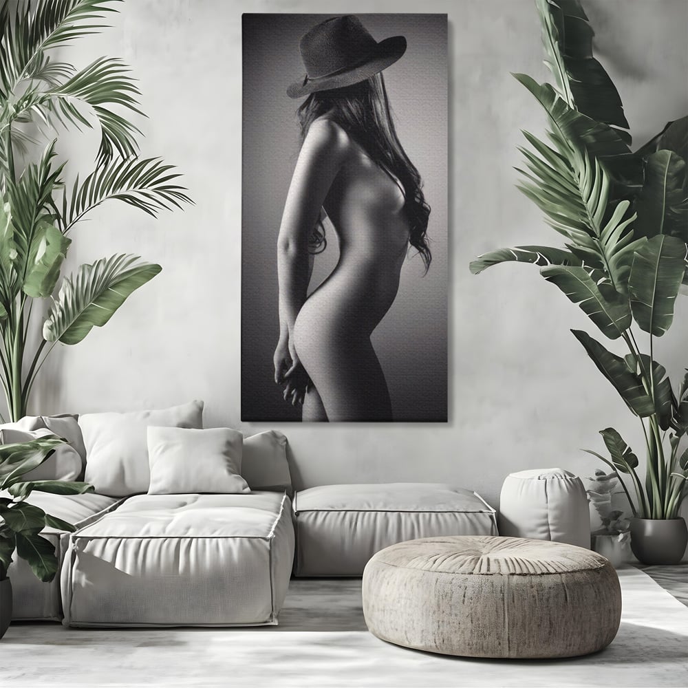 Tablou Canvas Premium LuxCanva® A1324, Sexy Girl , Living, Nude, Palarie, Senzual, Femeie, Dresing, Culori Vibrante