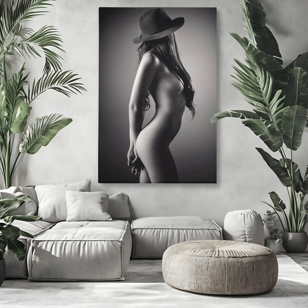 Tablou Canvas Premium LuxCanva® A1324, Sexy Girl , Living, Nude, Palarie, Senzual, Femeie, Dresing, Culori Vibrante