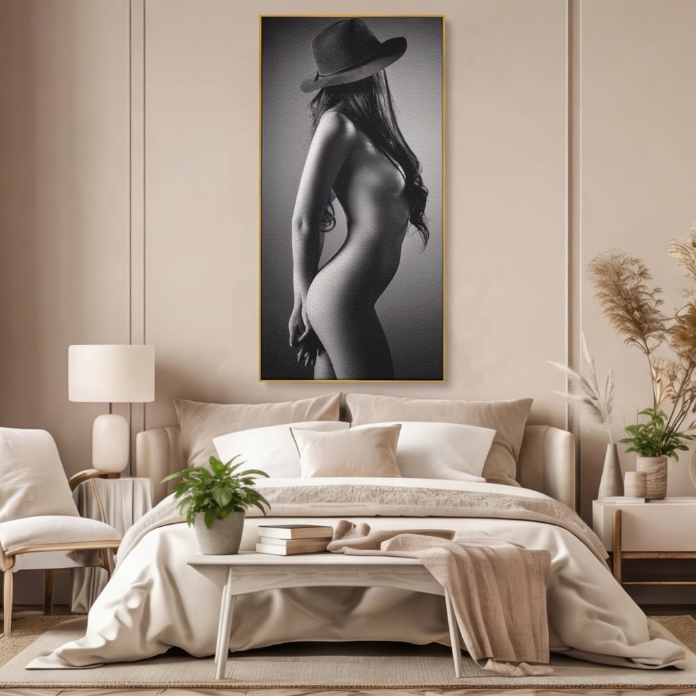 Tablou Canvas Premium LuxCanva® A1324, Sexy Girl , Living, Nude, Palarie, Senzual, Femeie, Dresing, Culori Vibrante