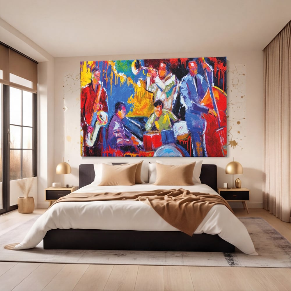 Tablou Canvas Premium LuxCanva® A1325, Colorful Jazz Art ,  Living, Muzica, Instrumente Muzicale, Formatie, Dormitor, Culori Vibrante