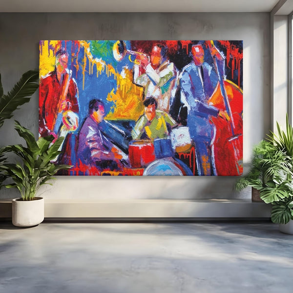 Tablou Canvas Premium LuxCanva® A1325, Colorful Jazz Art ,  Living, Muzica, Instrumente Muzicale, Formatie, Dormitor, Culori Vibrante