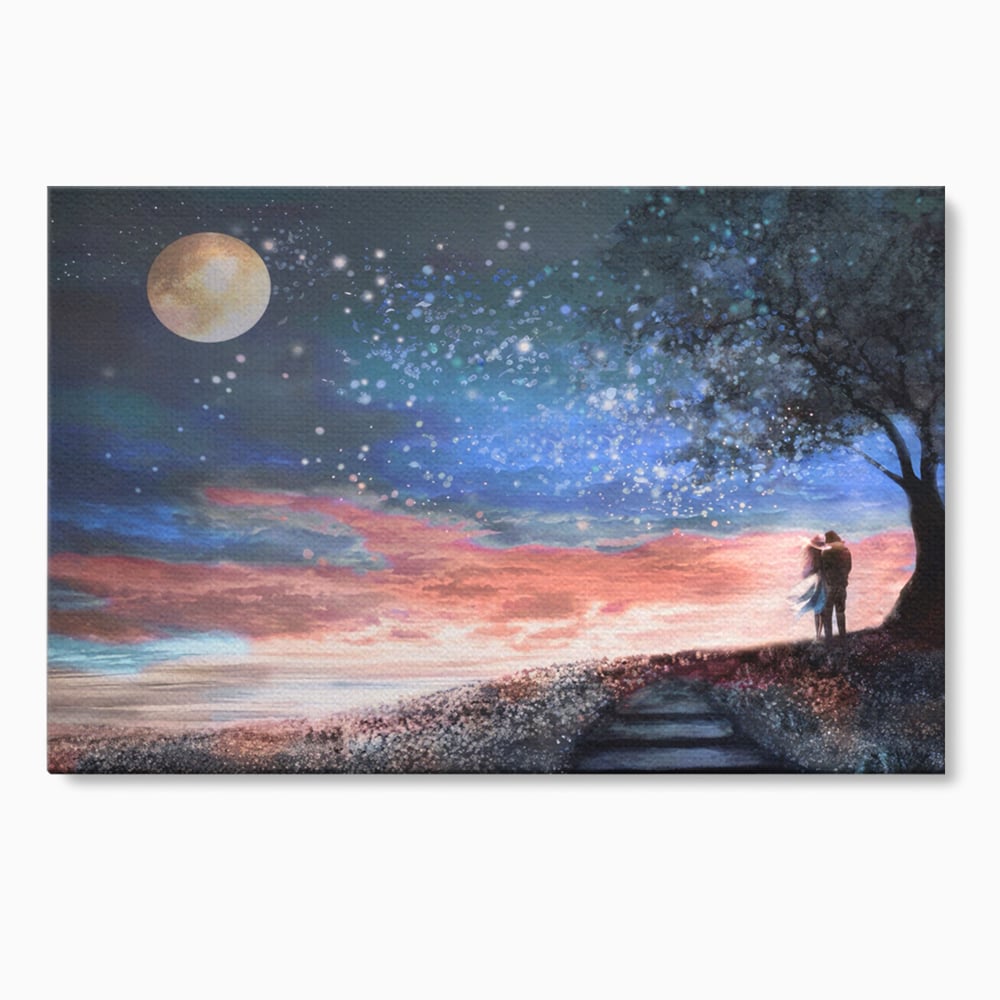 Tablou Canvas Premium LuxCanva® A1328, Romantic Couple , Living, Iubire, Cuplu, Luna, Stele, Dormitor, Culori Vibrante