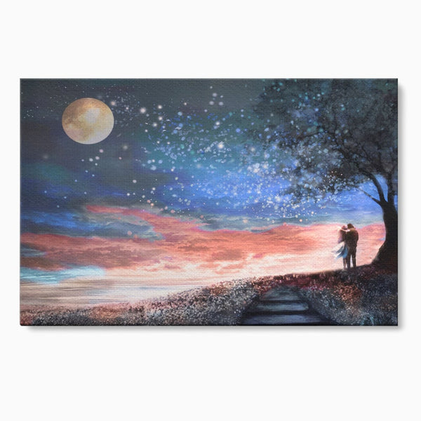 Tablou Canvas Premium LuxCanva® A1328, Romantic Couple , Living, Iubire, Cuplu, Luna, Stele, Dormitor, Culori Vibrante