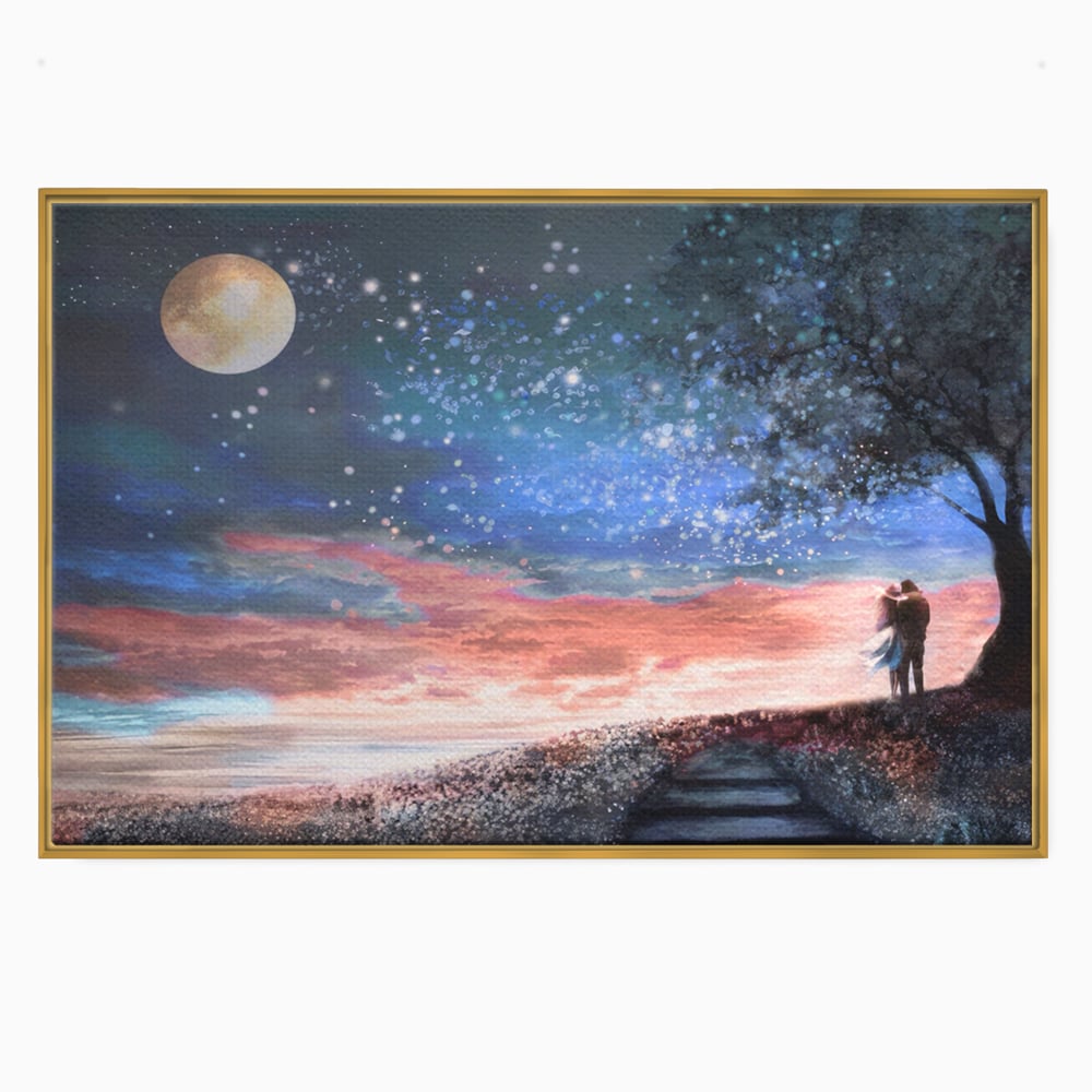 Tablou Canvas Premium LuxCanva® A1328, Romantic Couple , Living, Iubire, Cuplu, Luna, Stele, Dormitor, Culori Vibrante