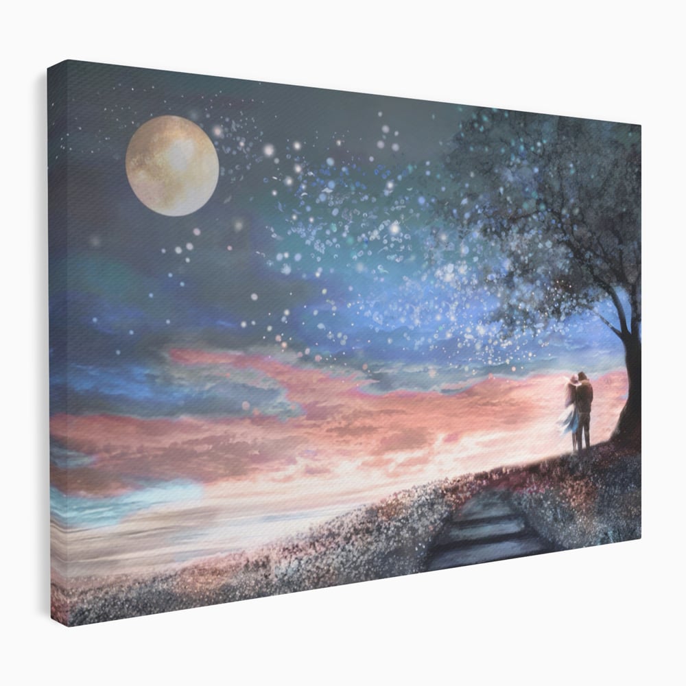 Tablou Canvas Premium LuxCanva® A1328, Romantic Couple , Living, Iubire, Cuplu, Luna, Stele, Dormitor, Culori Vibrante