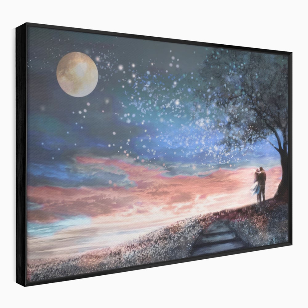 Tablou Canvas Premium LuxCanva® A1328, Romantic Couple , Living, Iubire, Cuplu, Luna, Stele, Dormitor, Culori Vibrante