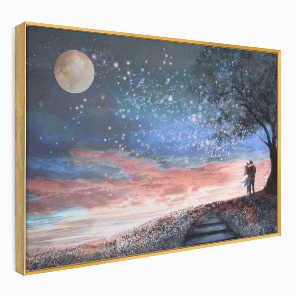 Tablou Canvas Premium LuxCanva® A1328, Romantic Couple , Living, Iubire, Cuplu, Luna, Stele, Dormitor, Culori Vibrante