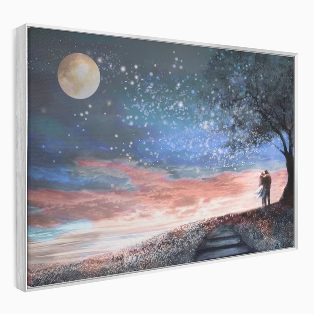 Tablou Canvas Premium LuxCanva® A1328, Romantic Couple , Living, Iubire, Cuplu, Luna, Stele, Dormitor, Culori Vibrante