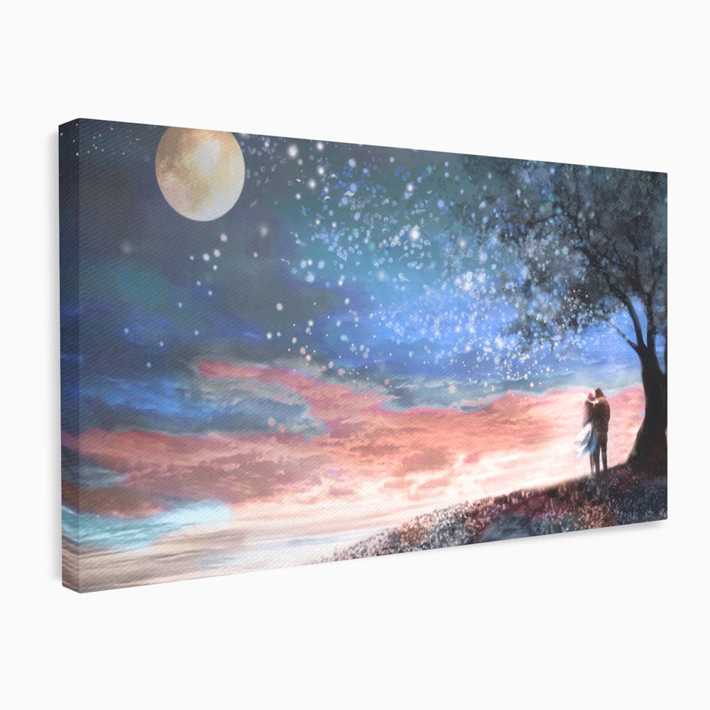 Tablou Canvas Premium LuxCanva® A1328, Romantic Couple , Living, Iubire, Cuplu, Luna, Stele, Dormitor, Culori Vibrante