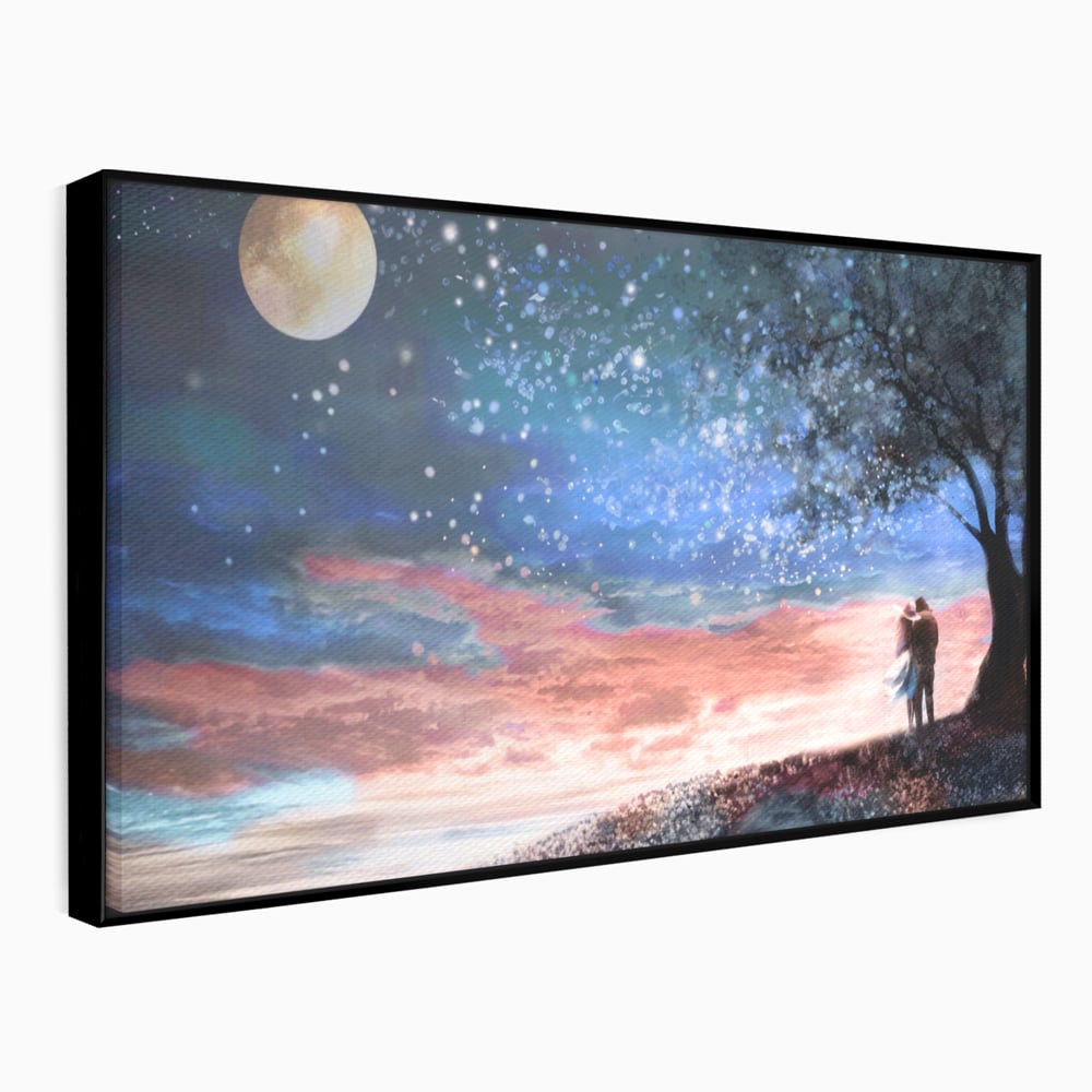 Tablou Canvas Premium LuxCanva® A1328, Romantic Couple , Living, Iubire, Cuplu, Luna, Stele, Dormitor, Culori Vibrante