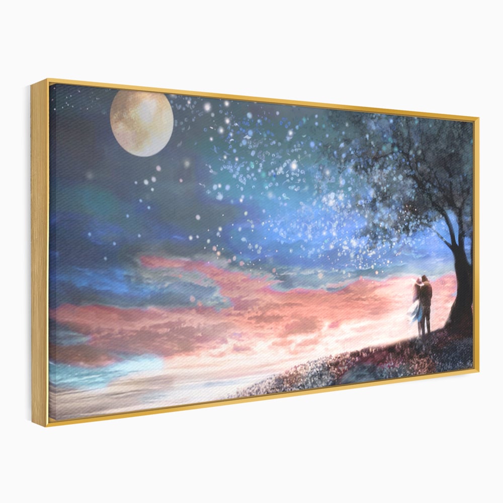 Tablou Canvas Premium LuxCanva® A1328, Romantic Couple , Living, Iubire, Cuplu, Luna, Stele, Dormitor, Culori Vibrante