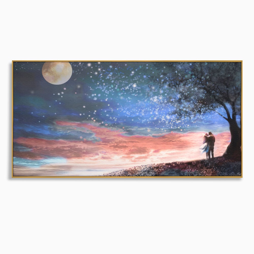 Tablou Canvas Premium LuxCanva® A1328, Romantic Couple , Living, Iubire, Cuplu, Luna, Stele, Dormitor, Culori Vibrante
