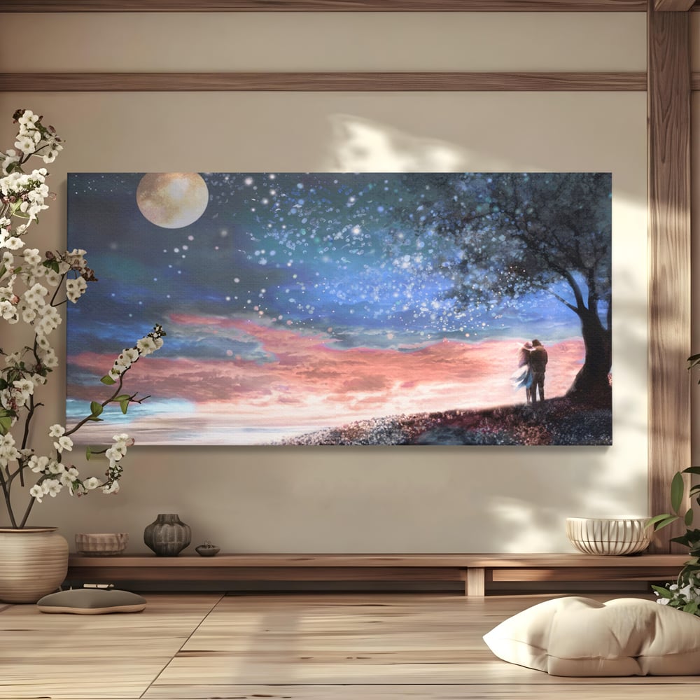 Tablou Canvas Premium LuxCanva® A1328, Romantic Couple , Living, Iubire, Cuplu, Luna, Stele, Dormitor, Culori Vibrante