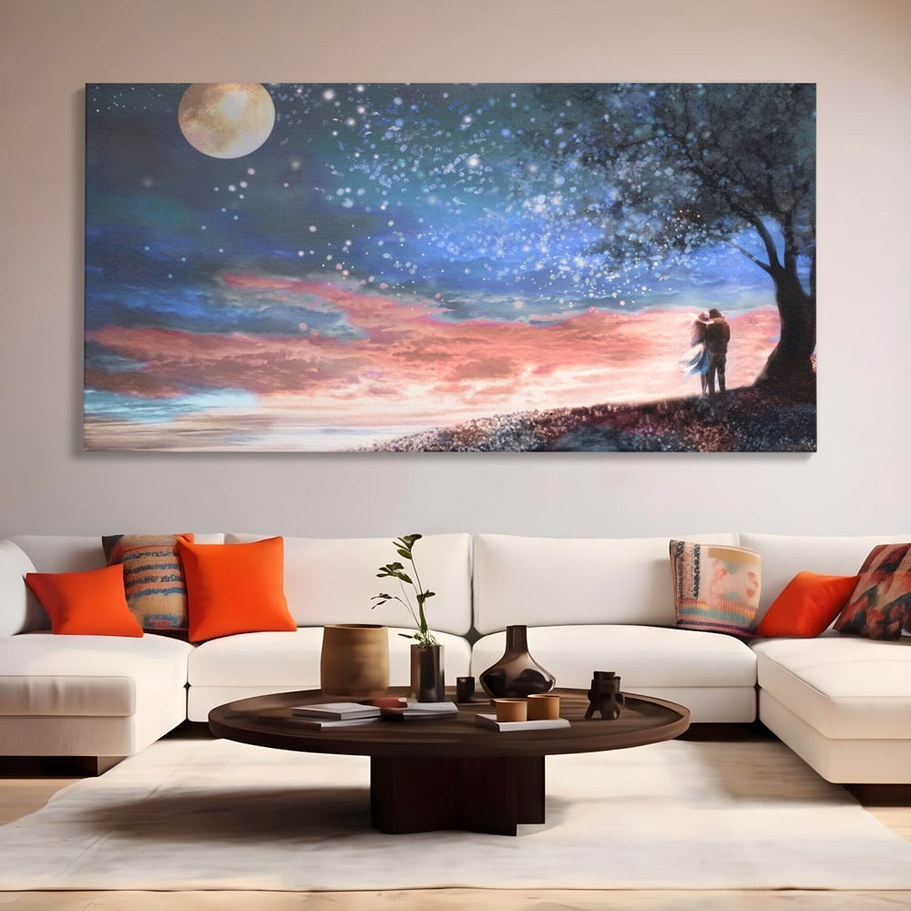 Tablou Canvas Premium LuxCanva® A1328, Romantic Couple , Living, Iubire, Cuplu, Luna, Stele, Dormitor, Culori Vibrante