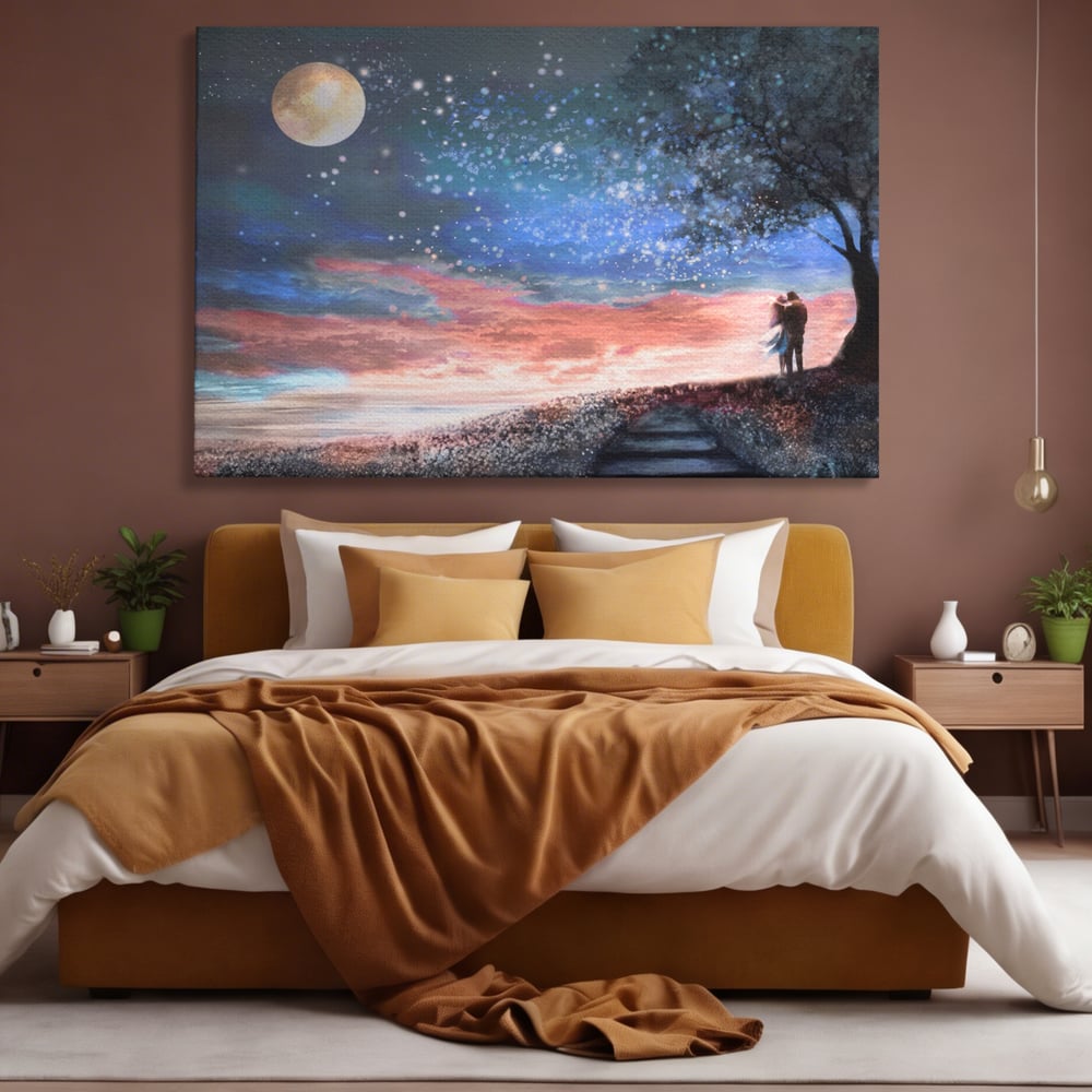 Tablou Canvas Premium LuxCanva® A1328, Romantic Couple , Living, Iubire, Cuplu, Luna, Stele, Dormitor, Culori Vibrante