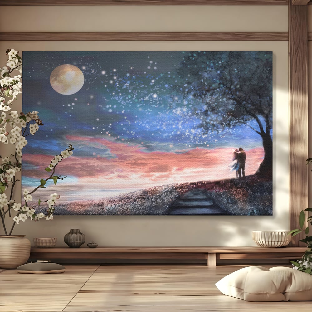 Tablou Canvas Premium LuxCanva® A1328, Romantic Couple , Living, Iubire, Cuplu, Luna, Stele, Dormitor, Culori Vibrante