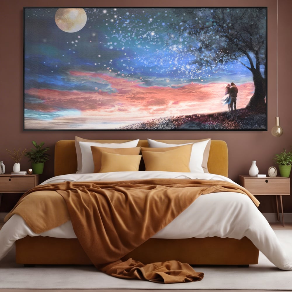 Tablou Canvas Premium LuxCanva® A1328, Romantic Couple , Living, Iubire, Cuplu, Luna, Stele, Dormitor, Culori Vibrante