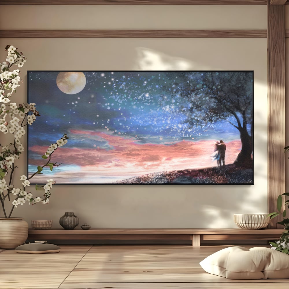 Tablou Canvas Premium LuxCanva® A1328, Romantic Couple , Living, Iubire, Cuplu, Luna, Stele, Dormitor, Culori Vibrante