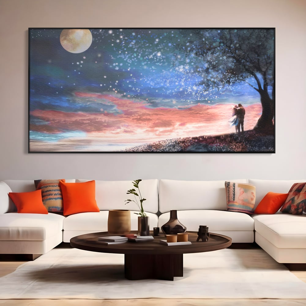 Tablou Canvas Premium LuxCanva® A1328, Romantic Couple , Living, Iubire, Cuplu, Luna, Stele, Dormitor, Culori Vibrante