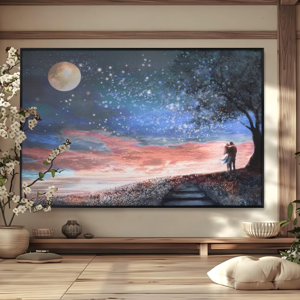 Tablou Canvas Premium LuxCanva® A1328, Romantic Couple , Living, Iubire, Cuplu, Luna, Stele, Dormitor, Culori Vibrante