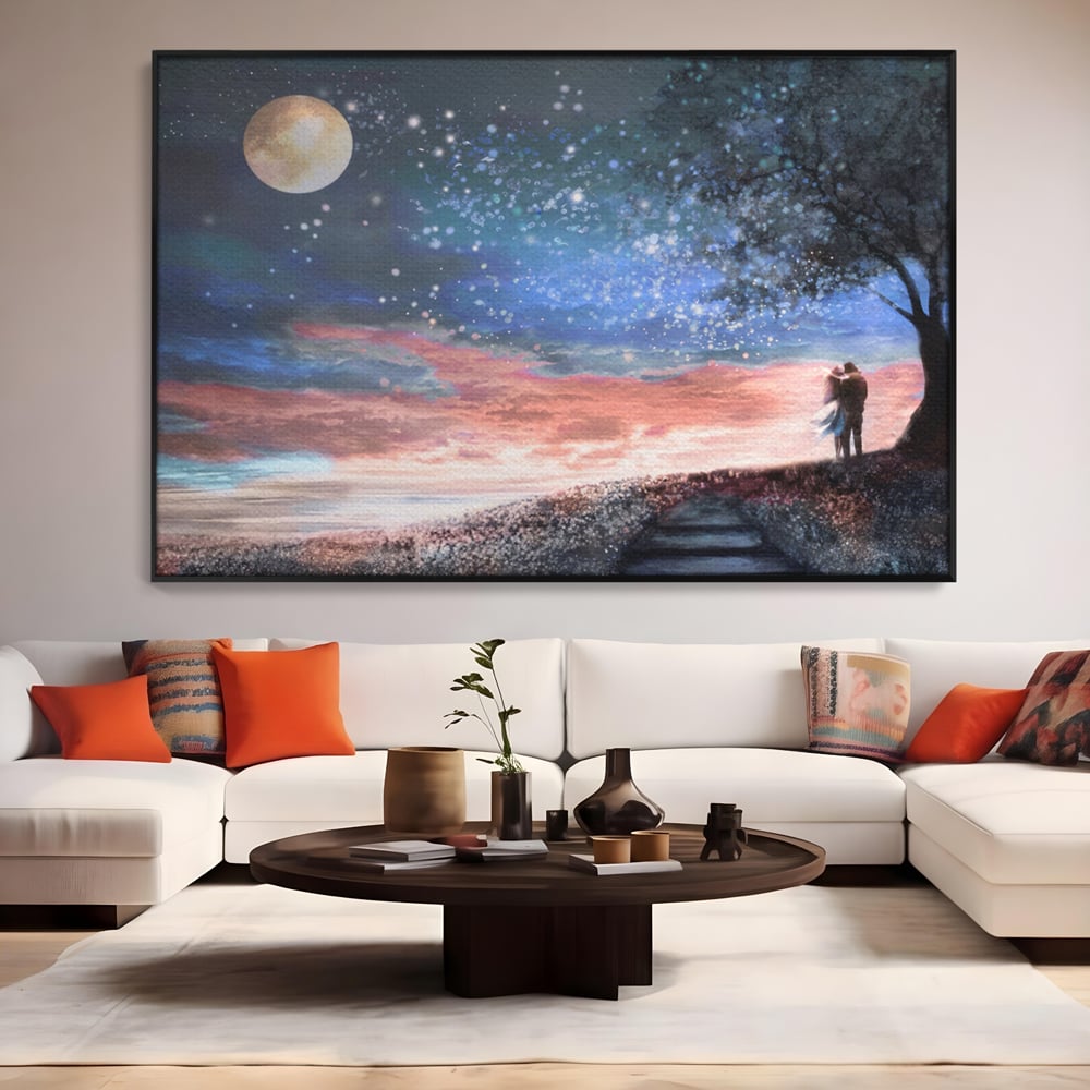 Tablou Canvas Premium LuxCanva® A1328, Romantic Couple , Living, Iubire, Cuplu, Luna, Stele, Dormitor, Culori Vibrante