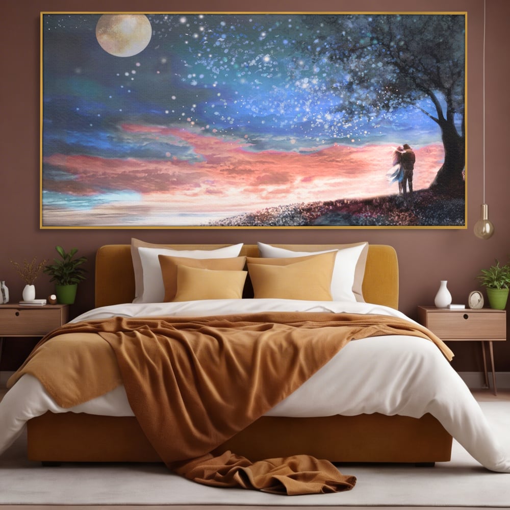 Tablou Canvas Premium LuxCanva® A1328, Romantic Couple , Living, Iubire, Cuplu, Luna, Stele, Dormitor, Culori Vibrante