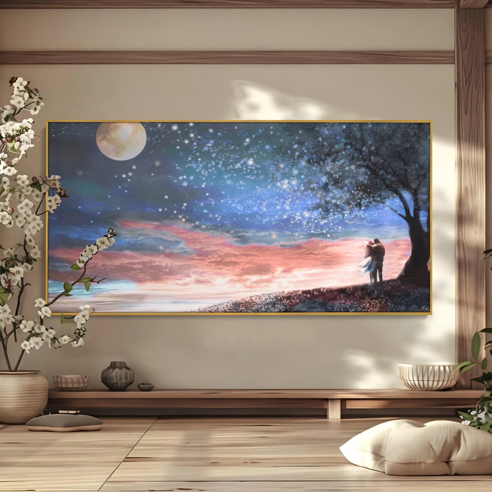 Tablou Canvas Premium LuxCanva® A1328, Romantic Couple , Living, Iubire, Cuplu, Luna, Stele, Dormitor, Culori Vibrante