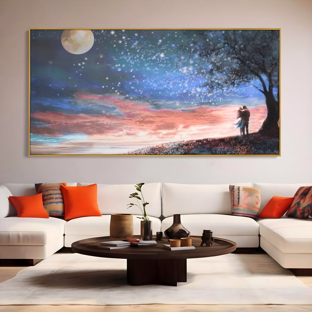 Tablou Canvas Premium LuxCanva® A1328, Romantic Couple , Living, Iubire, Cuplu, Luna, Stele, Dormitor, Culori Vibrante