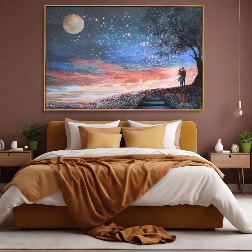 Tablou Canvas Premium LuxCanva® A1328, Romantic Couple , Living, Iubire, Cuplu, Luna, Stele, Dormitor, Culori Vibrante