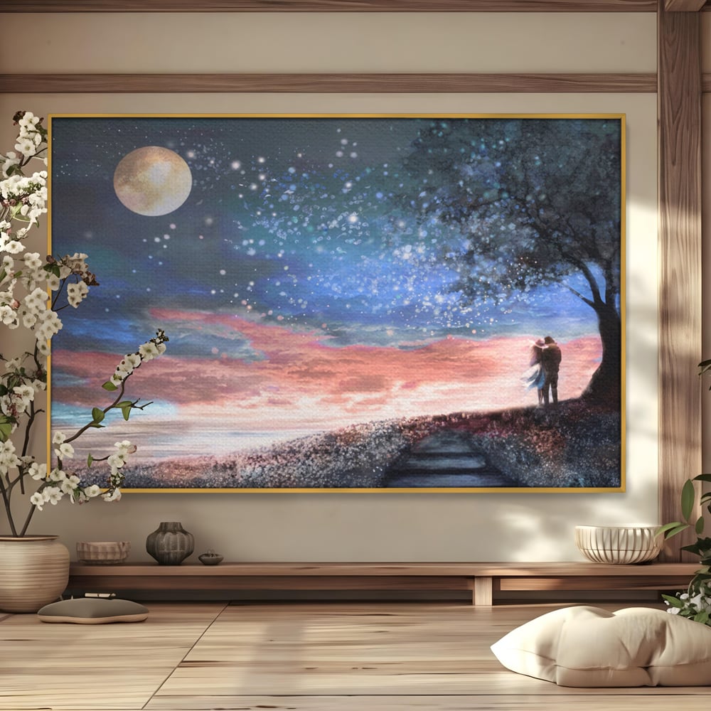 Tablou Canvas Premium LuxCanva® A1328, Romantic Couple , Living, Iubire, Cuplu, Luna, Stele, Dormitor, Culori Vibrante